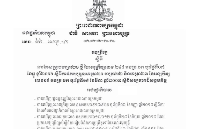 រាជរដ្ឋាភិបាលកម្ពុជា៖ ការកែសម្រួលមាត្រា២១ថ្មី នៃអនុក្រឹត្យលេខ២៤៨ អនក្រ.បក ១៦ឧសភា២០១៩